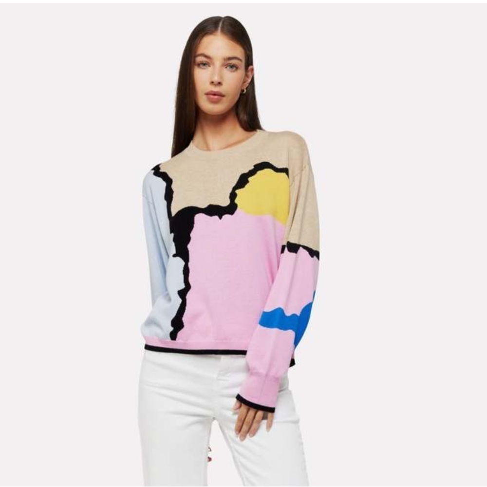 Wispr Aubrey Silk-Blend Cream Multicolor Pullover Sweater Women's Large Abstract